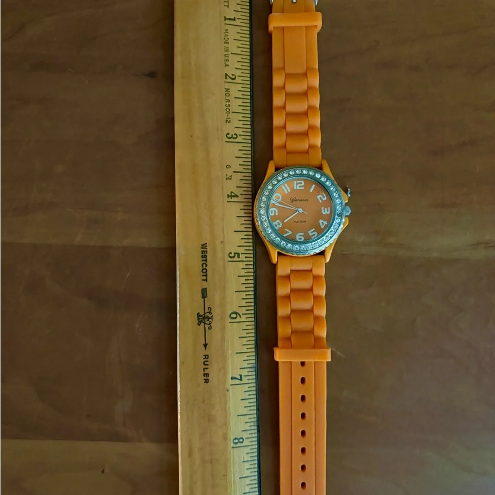 Geneva Platinum Orange Dial Crystal Bezel & Orange Rubber Band Watch